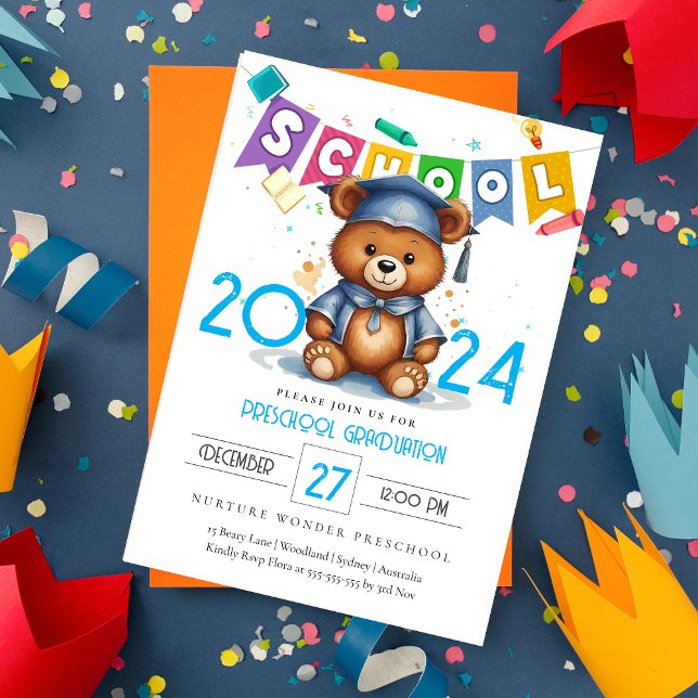 Cute Grad bear Kindergarten Graduation Invitation (Creator Uploaded)