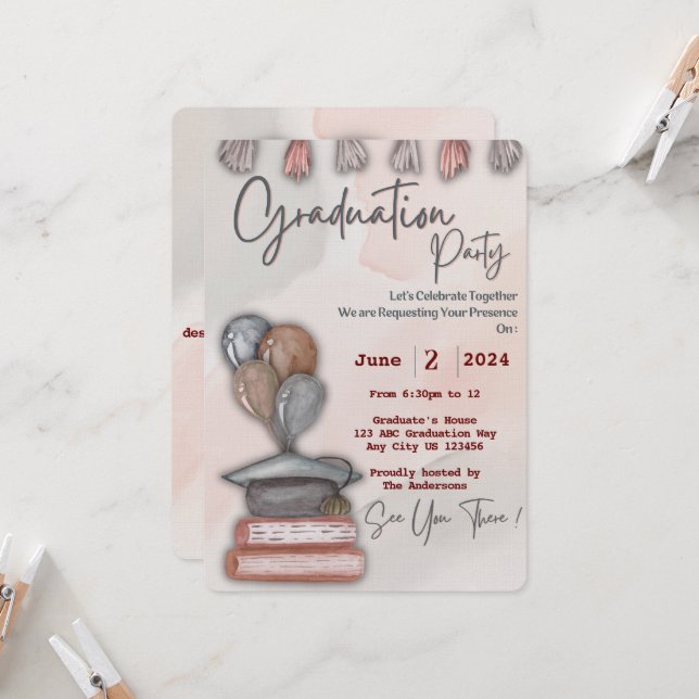 Cute Graduation hat, book, and balloons Invitation (Front/Back In Situ)