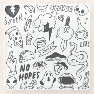 Cute Graffiti: Doodle Art Set. Glass Coaster