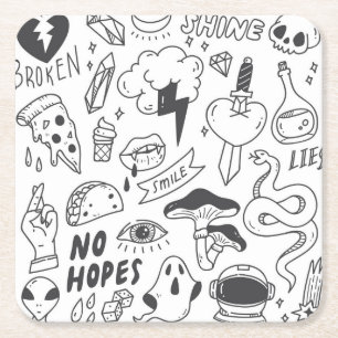 Cute Graffiti: Doodle Art Set. Square Paper Coaster