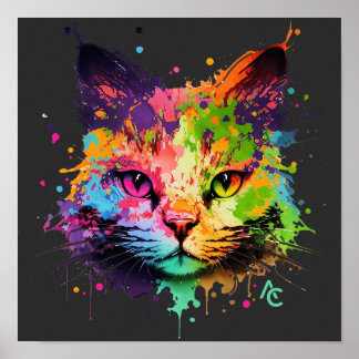 Cute Graffiti Neon Ink Splash Cat Poster
