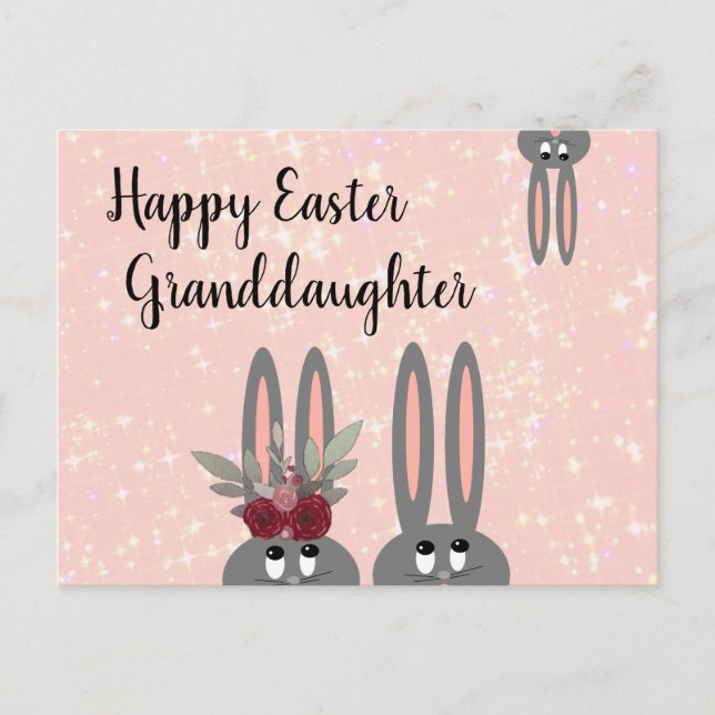 Cute Granddaughter Easter Bunnies Pink Floral Postcard (Front)