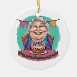Cute Grandma Birthday Cake Present Ceramic Tree Decoration