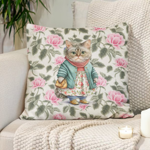Cute Grandma Cat Pink Floral Apron Sweater Cushion