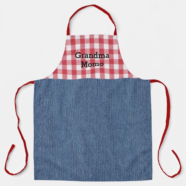 Cute Grandma Red White Check Blue Denim Print Apron (Front)