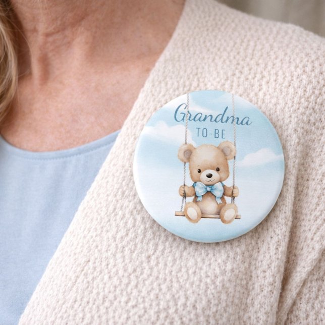 Cute Grandma-To-Be Teddy Bear Baby Shower Button (Grandma To-Be teddy bear button worn on a soft cardigan to show size and style)