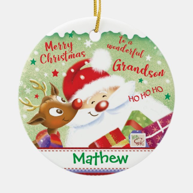 Cute Grandson, Santa, Deer & Presents, Christmas Ceramic Tree Decoration (Front)
