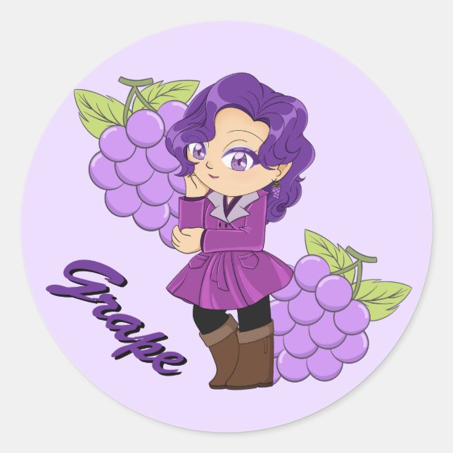 Cute Grape Theme Chibi with Grape Background Classic Round Sticker (Front)