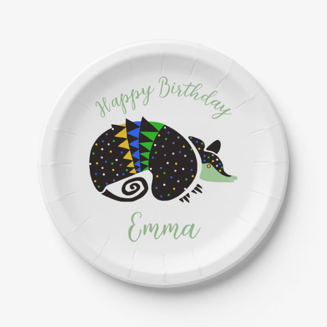 Cute graphic  ARMADILLO - Happy Birthday - Party Paper Plate (Front)