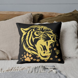 Cute Graphic Safari Tiger Head Roar Cat Paw Black Cushion