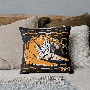 Cute Graphic Safari Wildlife Big Cat Tiger Black Cushion