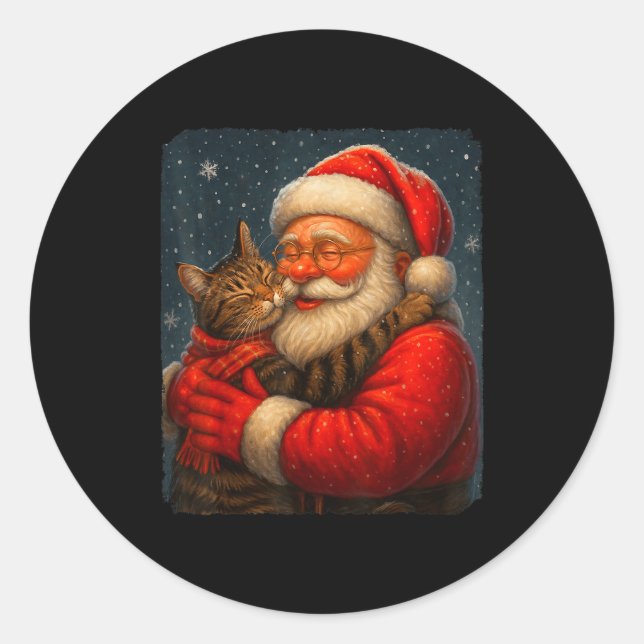 Cute Graphic Santa Hug Cat Christmas Xmas Women Me Classic Round Sticker (Front)