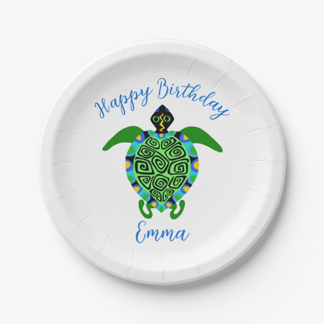 Cute graphic Sea TURTLE  - Happy Birthday - Party Paper Plate (Front)