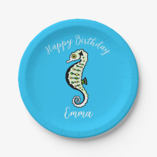 Cute graphic SEAHORSE -Happy Birthday - Party Paper Plate