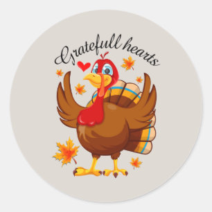 cute Grateful hearts Thanksgiving turkey Classic Round Sticker