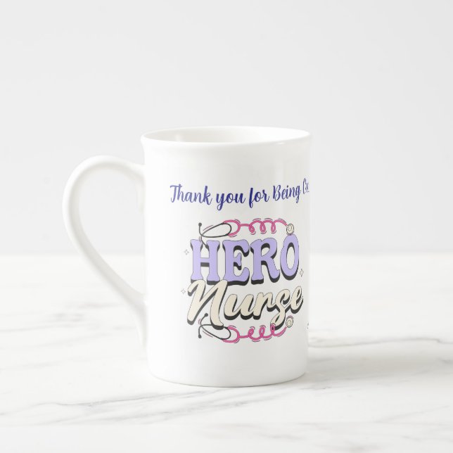 Cute Gratitude Nurse Blues Typography PERSONALIZE Bone China Mug (Left)