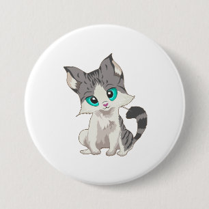 CUTE GRAY AND BEIGE LITTLE KITTEN WITH BLUE EYES 7.5 CM ROUND BADGE