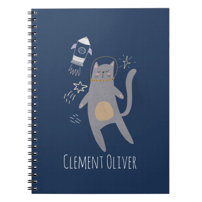 Cute Gray Astronaut Cat Custom Name Notebook (Front)