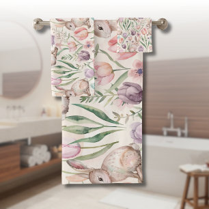 Cute Gray Bunny with Colorful Tulips Bath Towel Set