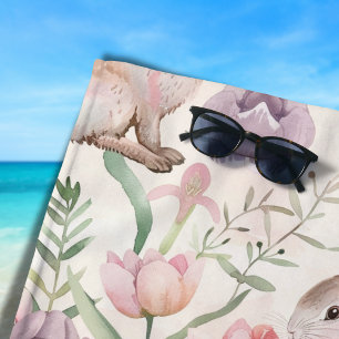 Cute Gray Bunny with Colorful Tulips Beach Towel