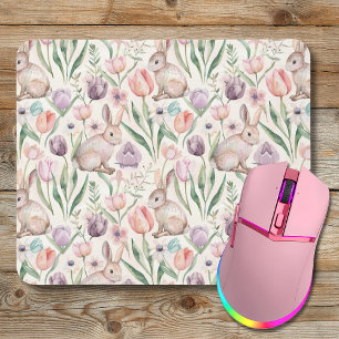 Cute Gray Bunny with Colorful Tulips Mouse Mat