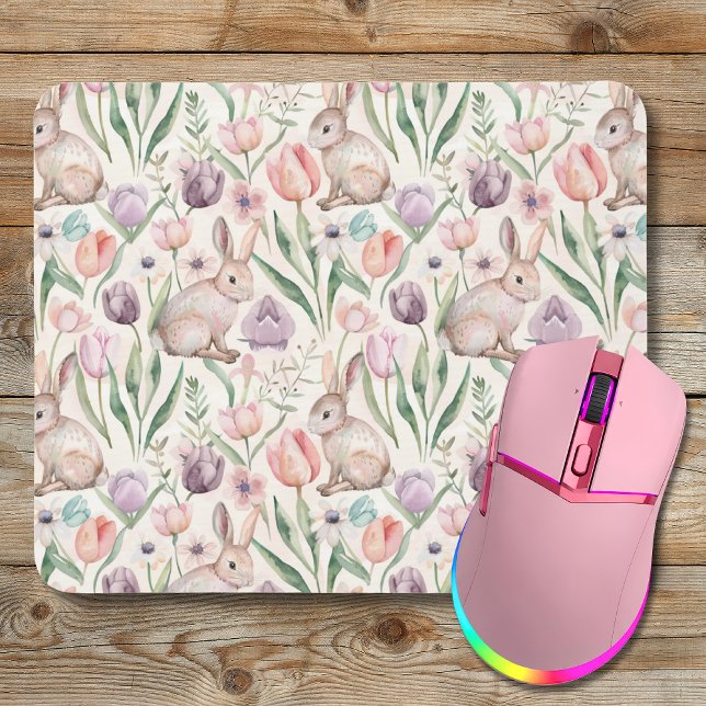 Cute Gray Bunny with Colorful Tulips Mouse Mat (Creator Uploaded)