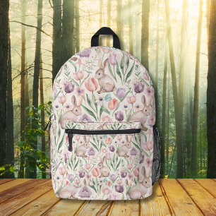 Cute Gray Bunny with Colorful Tulips Printed Backpack