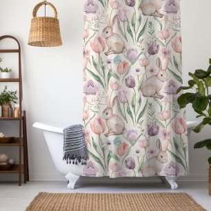 Cute Gray Bunny with Colorful Tulips Shower Curtain