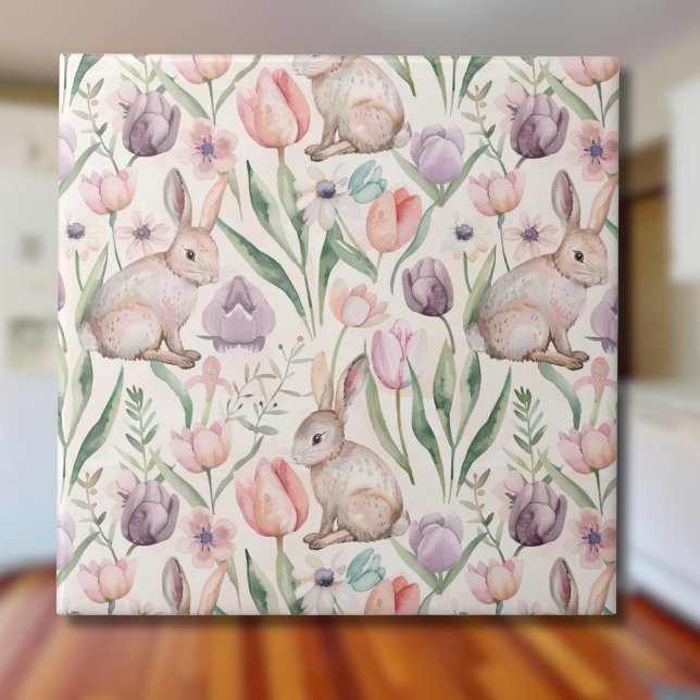 Cute Gray Bunny with Colorful Tulips Tile (Creator Uploaded)