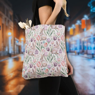 Cute Gray Bunny with Colorful Tulips Tote Bag