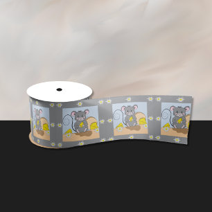 Cute gray cartoon mouse eating cheese ribbon satin ribbon