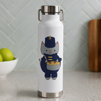 Cute Gray Cat Marching Band Drummer Illustration Water Bottle
