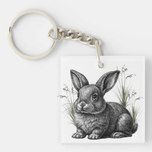 Cute Gray Rabbit Among the Grass Key Ring