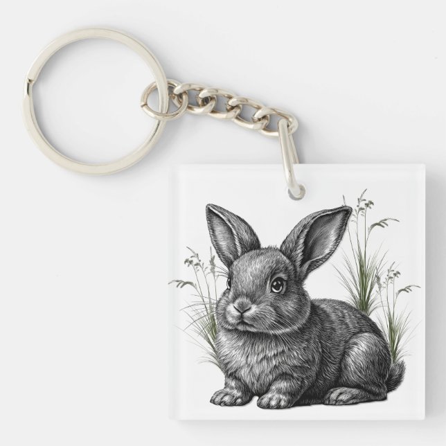 Cute Gray Rabbit Among the Grass Key Ring (Front)