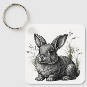 Cute Gray Rabbit Among the Grass Key Ring
