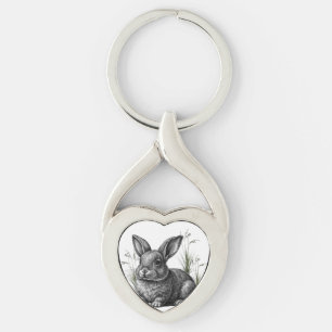 Cute Gray Rabbit Among the Grass Key Ring