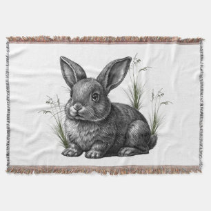 Cute Gray Rabbit Among the Grass Throw Blanket