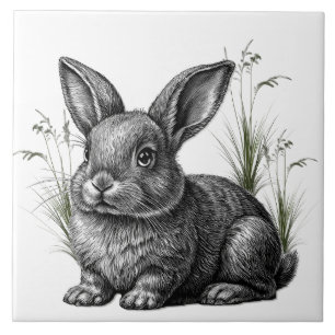 Cute Gray Rabbit Among the Grass Tile