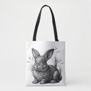 Cute Gray Rabbit Among the Grass Tote Bag