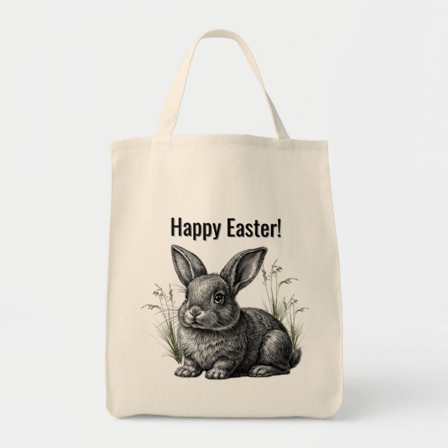 Cute Gray Rabbit Happy Easter Tote Bag (Front)