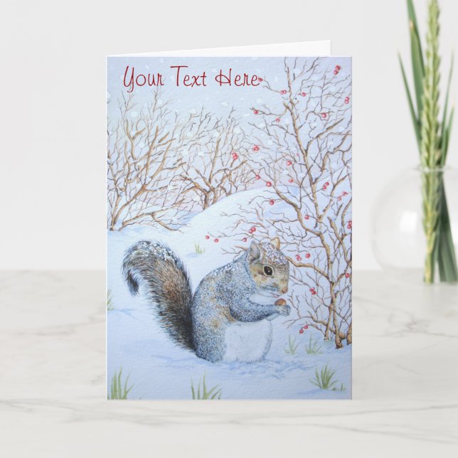 cute gray squirrel snow scene wildlife christmas holiday card (Front)