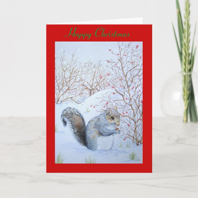 cute gray squirrel snow scene wildlife christmas holiday card (Front)