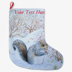 cute gray squirrel snow scene wildlife  large christmas stocking