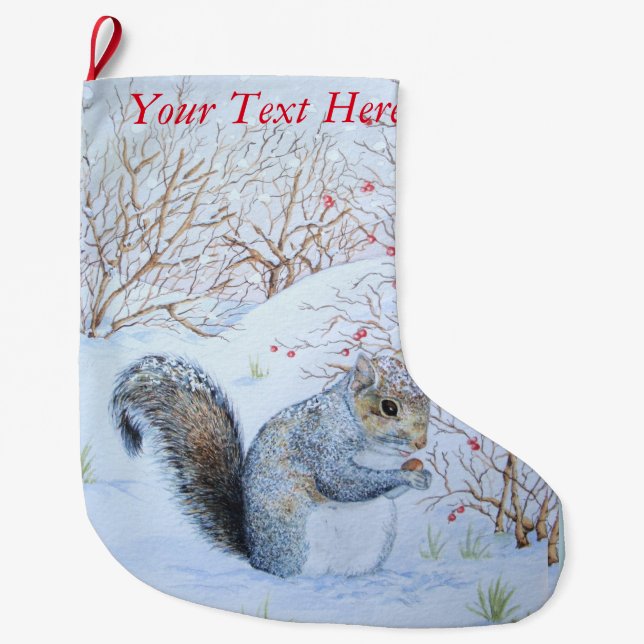 cute gray squirrel snow scene wildlife  large christmas stocking (Front)