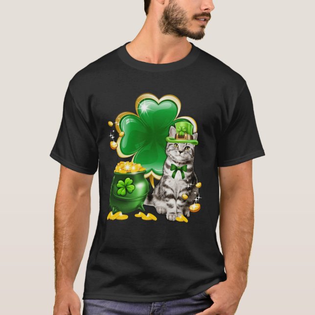 Cute Gray Tabby Cat Shamrock Irish Saint St Patric T-Shirt (Front)