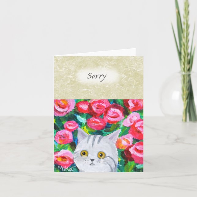 Cute Gray Tabby Cat with Tears Pretty Floral Sorry Card (Front)