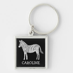Cute gray white zebra animal print CUSTOM NAME Key Ring