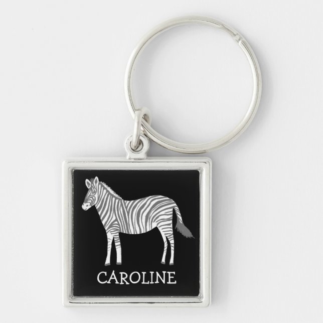 Cute gray white zebra animal print CUSTOM NAME Key Ring (Front)