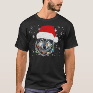 Cute Gray Wolf Lover Santa Hat Merry Christmas Xma T-Shirt