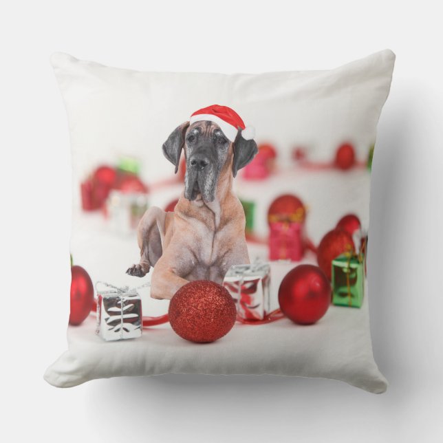 Cute Great Dane  Dog Christmas Santa Hat Cushion (Front)